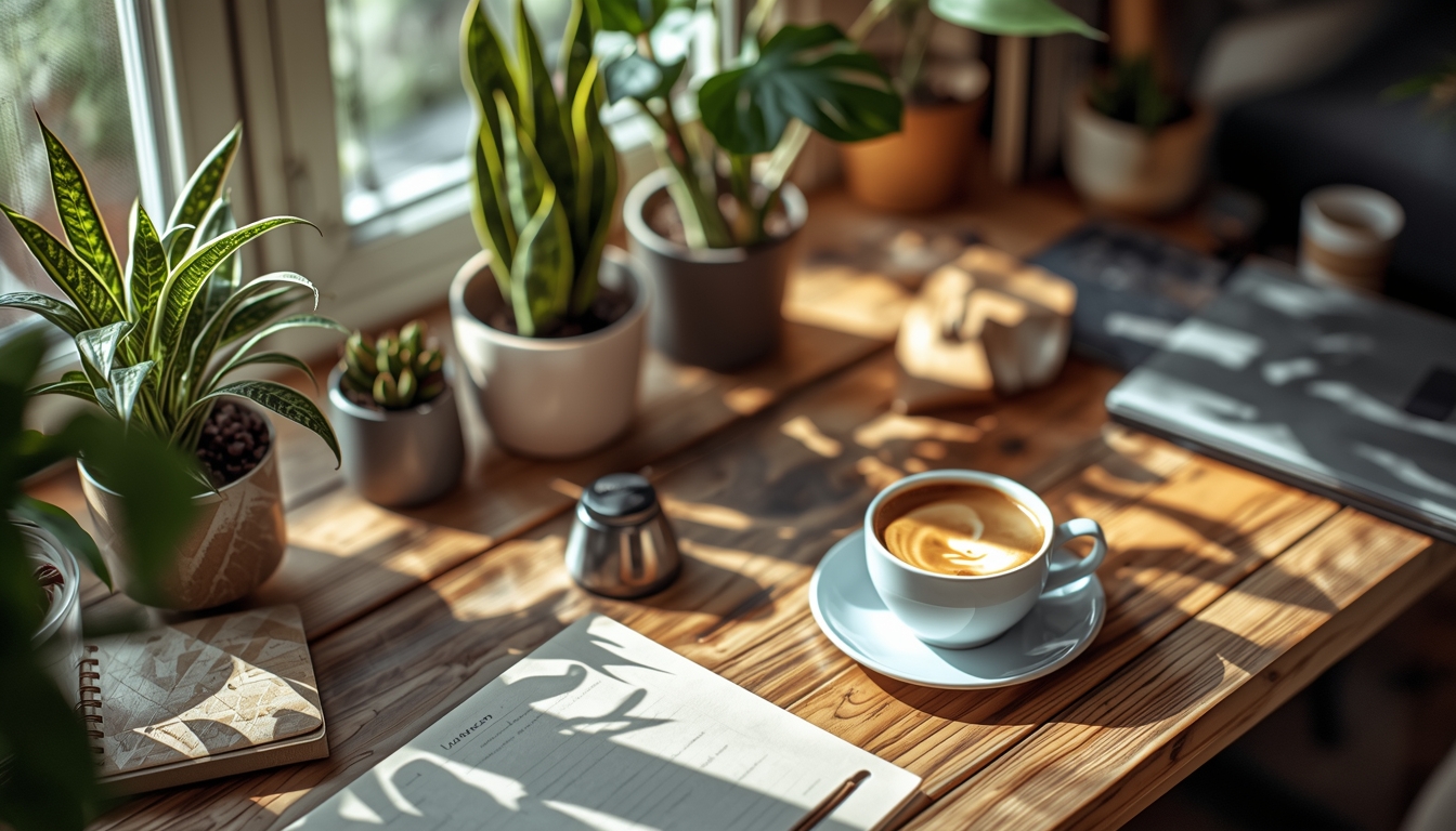 Cozy home workspace with plants, natural light, and a warm cup of coffee representing a thoughtful and comfortable daily environment