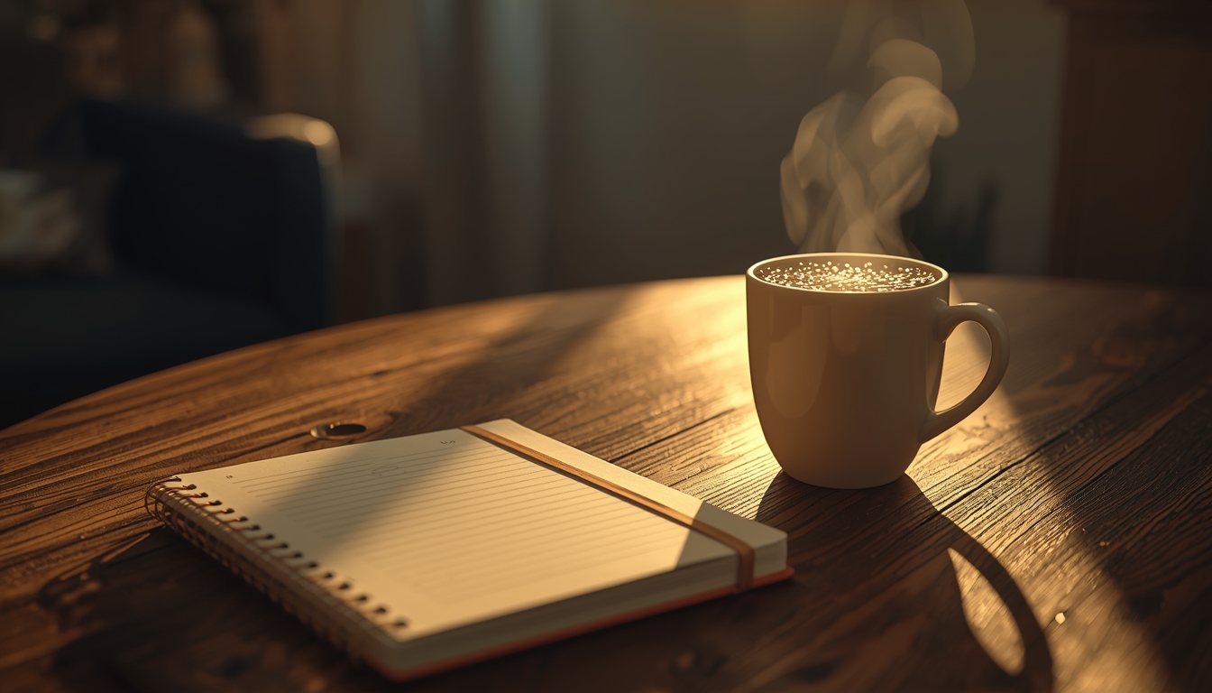 A serene morning routine scene with warm light, a journal, and a steaming drink on a wooden table